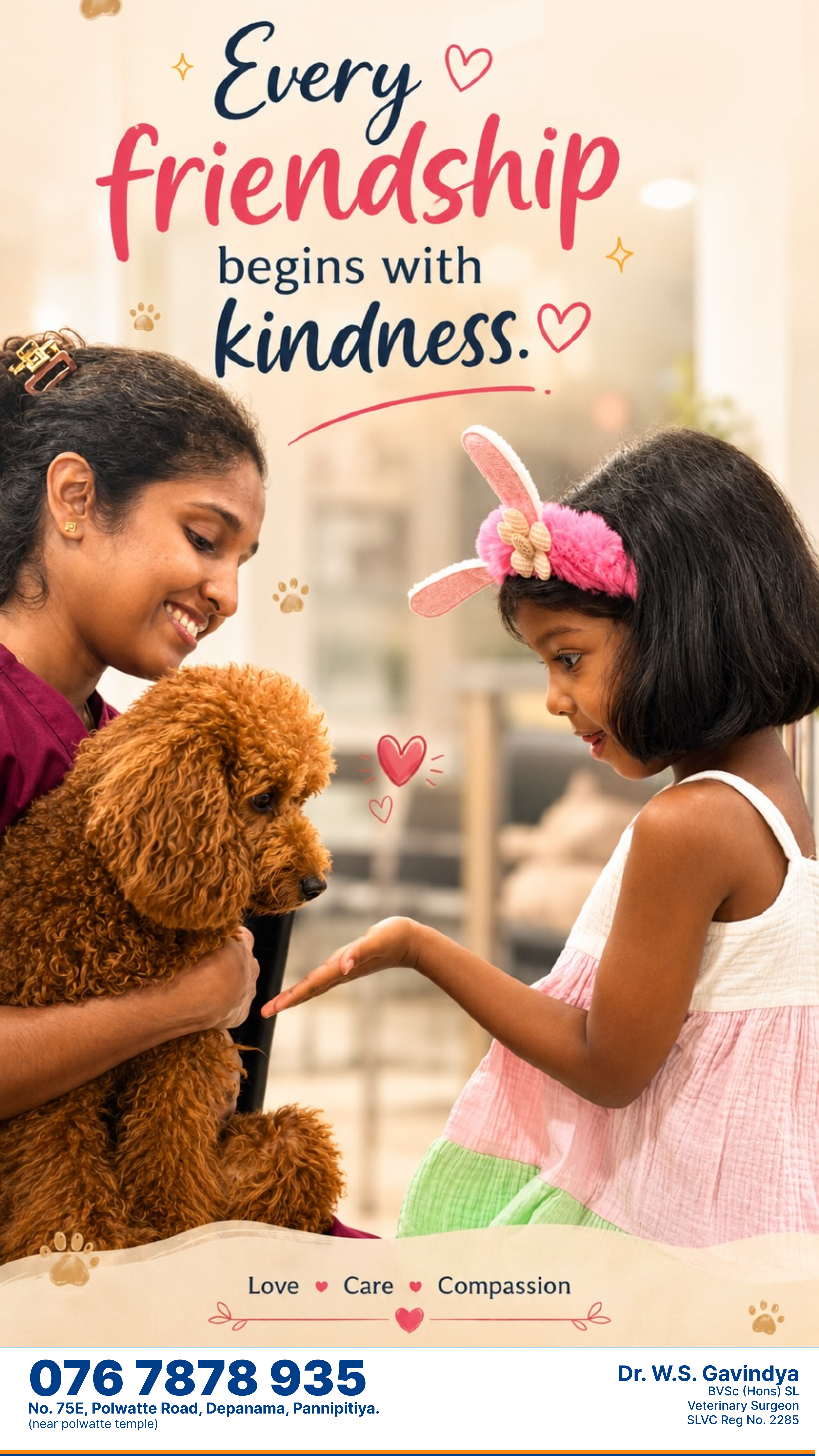 PawPals poster — every friendship begins with kindness, showing Dr. Gavindya with a child and their dog
